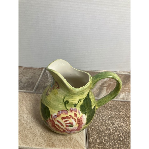 Hand Painted Ceramic Pitcher Floral Butterfly Design Green...